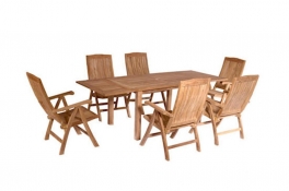 Teak Furniture Set of Rectangular 95" Extension Table + 6 Katana Five Position Recliner Armchairs