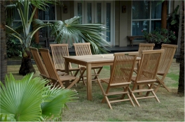 Teak Furniture Set of 47" Square Table - "Windsor" Style +  6 Classic Folding Chairs