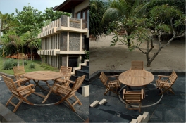 Teak Furniture Set of 47" Round Folding Table - "Bahama"Style + 4 Andrew Folding Chairs