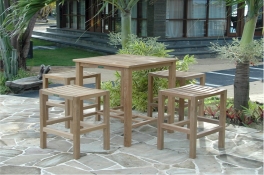 Teak Bar Table 27" Square  + 4 New Designer Montego Bar Chairs