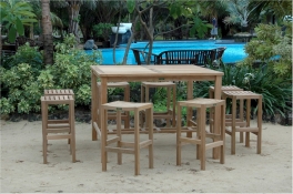 Teak Bar Table  Set of Windsor 59" Square + 8 New Design Montego Bar Chairs