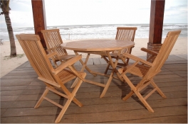 Teak Furniture Set of  47" Round Teak Folding Table - "Bahama" Style + 4 Classic Folding Armchairs