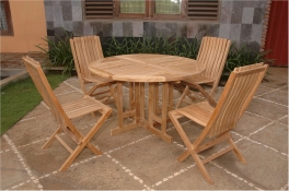 Teak Furniture Set of 47" Round Butterfly Folding Table + 4 Comfort Folding Chairs