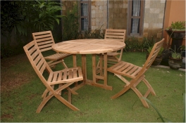 Teak Furniture Set of 47" Round Butterfly Folding Table + 4 Andrew Folding Chairs