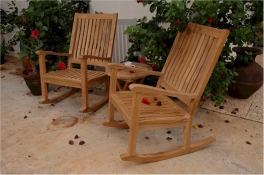 Teak Rocking Armchairs 2 qty. "Del-Amo" Style  + Bahama 20" Round Mini Side Folding Table