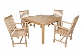 Teak Furniture Set of Windsor 47" Square Table Small Slats + 4 Wilshire Armchairs