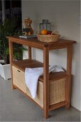 Teak and Wicker Towel Console Table w/ 2 Shelves  - Teak Relax Spa™