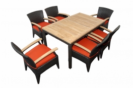 Bellagio Dining Set - 6 Dining Armchairs w/Teak Wood Arms + One Rectangular Table w/Teak Wood Top