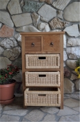 Teak Occasional Table - 2 Wood Drawers with 3 Rattan Baskets "Safari" Style