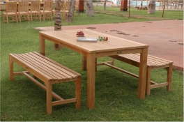Teak Furniture Set of 70" Rectangular Dining Table - "Bahama" Syle + 2 Hampton 67" Backless Benches
