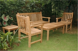 Teak Bench Classic 3-Seater 59" + 2 Classic Dining Armchairs + Rect. Coffee Table + 20" Mini Table