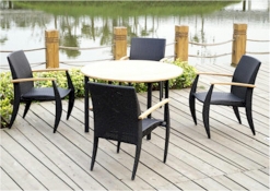 Wicker Woven Rattan Venetian Dining Table Set - 1 Round Table w/ Teak Wood Table Top + 4 Armchairs
